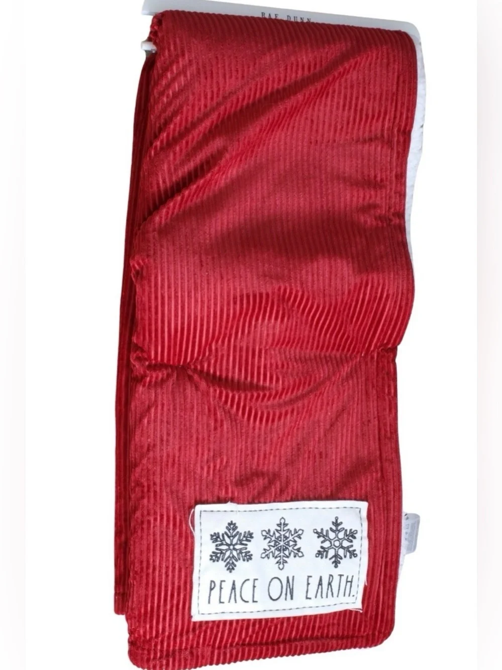 NWT Rae Dunn Corduroy Christmas Holiday Red Patch Throw Blanket PEACE ON EARTH